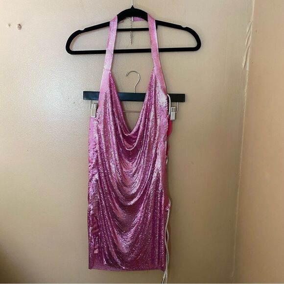 H:ours Millie Mini Dress chainmail metal mesh hot pink party cocktail Revolve - Picture 11 of 16